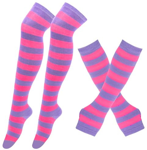 BRTNUP Striped Arm Warmers Leg Warmers Set, Stripeda Socks Over Knee, Striped Arm Warmer Fingerless Gloves for Girls Women (E, One size)