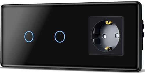 TAWOIA Interrupteur tactile avec prise, prise standard UE 1 compartiment, double, 1 voie, avec interrupteur encastré avec plaque en verre incurvé 2,5D, 86 x 228 mm, noir