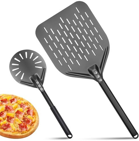 Simsky 2 Articoli Pala Per Pizza, 6 Pollici e 12 Pollici, Pala Pizza Forata con Manico Rimovibile, Paletta Pizza in Alluminio Nero