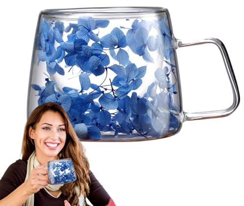 Taza transparente con flores, taza de café floral - Taza de café de flores de 200 ml, tazas de café de primavera,Taza de flores secas con asa, tazas creativas de flores con aislamiento Dou