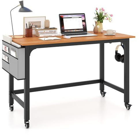 LIFEZEAL Escritorio con Ruedas, Mesa de Ordenador de Madera con Marco de Acero, Mesa de Estudio y Escritura para casa, Oficina, Estilo Industrial, 120 x 60 x 75 cm (Natural+Bolsillo Lateral)