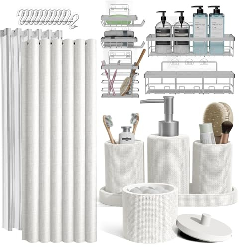 Clara Clark Bathroom Set - White Bathroom Accessories Set, 24PC Bathroom Accessory Set, Bathroom Sets with Shower Curtain Set, Adhesive Corner Shower Caddy Hanging & Soap Dispenser