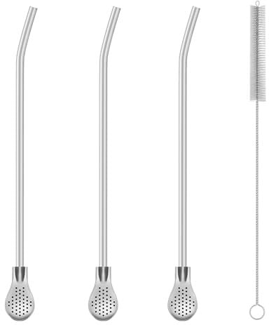 Pajitas Reutilizables de Acero Inoxidable con Filtro Tipo Cuchara, Juego de 3 Pajitas con Cepillo Limpiador, Pajita Acero Inoxidable para Té, Vasos, Tazas y Stanley Cups (21.5cm)