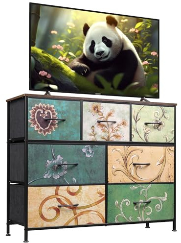 WLIVE Chest of Drawers, 7 Fabric Drawers Dresser for Bedroom, Retro Prints | Easy Pull Handle, Wood Top and Sturdy Steel Frame, Wide TV Stand for Living Room, Kids Room, Easy to Assemble