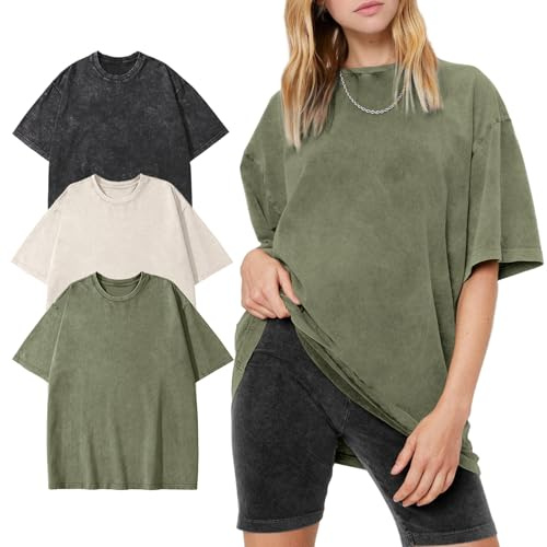 PEHMEA 3 Pcs Women's Oversized T-Shirts Cotton Short Sleeve Vintage Washed Baggy Boyfriend Streetwear Summer Tops(Black+Beige+ArmyGreen-L)