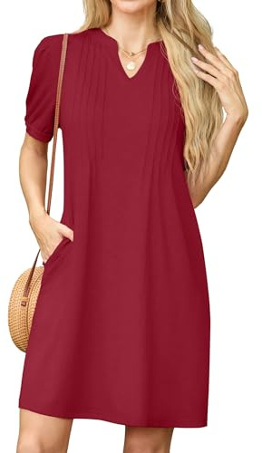 GRECERELLE Womens Dresses Summer Casual Short Sleeve V Neck Shift Dress for Women Ladies T Shirt Dress with Pockets (Burgundy, M)