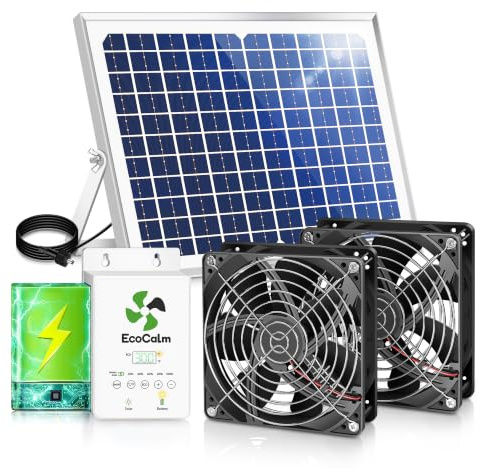 ecoCalm Solar Ventilator Outdoor 140mm mit einstellbarem Thermostat & Akku | Wasserdichte Doppelte Lüfter, Solarventilator mit Solar Panel und Kabel, Solarlüfter für Gewächshaus, Gartenhaus, Hühnerstall