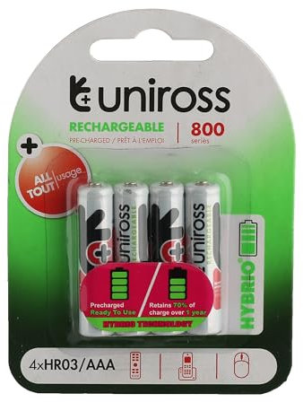 Masterpart Uniross 750 mAh Rechargeable AAA Batteries Pack Of 4 Ideal for Remotes, Wireless Mouse