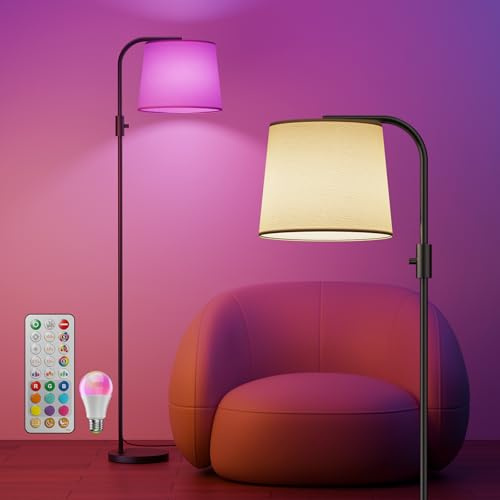 VARICART LED Floor Lamp for Living Room, Arc Dimmable Standing Reading Lamp with a 10W RGBCW Color Changing Bulbs, Black Modern Tall Lamps with Lampshade for Bedroom Office Kid Room