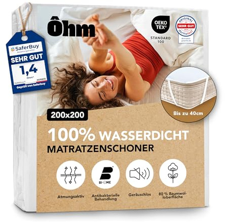 Ôhm Matratzenschoner 200x200 cm wasserdicht, atmungsaktive Baumwoll-Auflage, Schutz für Allergiker, Inkontinenz und Kinder, Anti-Milben, Elastikbänder bis 40 cm, Oeko-Tex