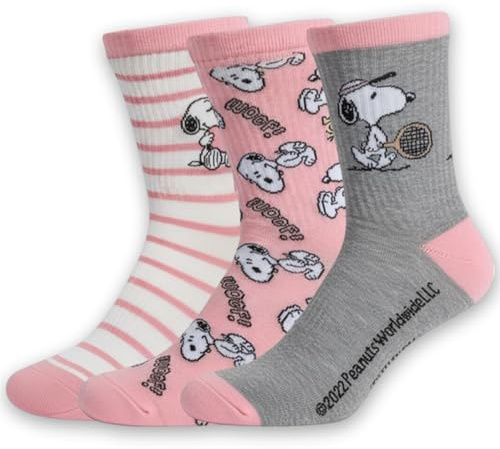 Peanuts Damen Socken 3 Paar Snoopy Größe 36-40 EU Rosa, Weiß, Grau | Weiche Baumwolle Rutschfest