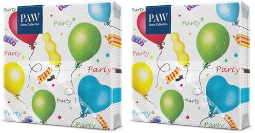PAW - Servietten 3-lagig (33 x 33 cm) I 20 Stück I Perfekt für Geburtstage, Partys, Hochzeiten, Kommunion und Feiern I Papierservietten Bunt - Luftballons, Herz I Party (Packung mit 2)