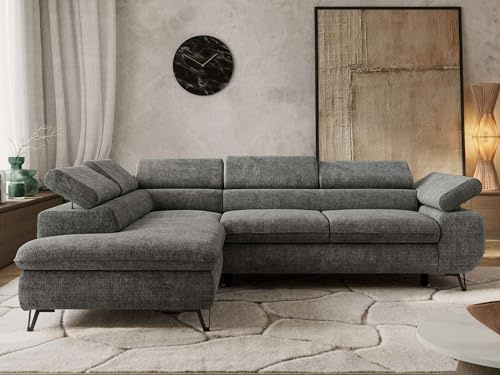 MKS MEBLE Ecksofa Wohnlandschaft L-Form mit Schlaffunktion und Bettkasten, Schlafsofa mit Bettkasten, Sofa mit Einstellbare Kopfstützen, Pablo L - Schenille grob gewebt - Links Grau