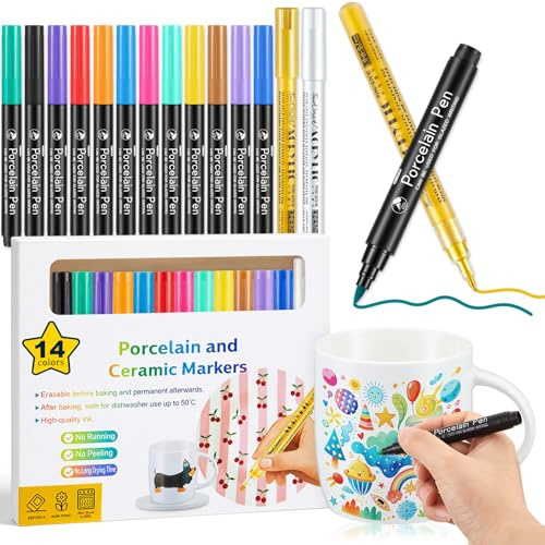 Sinmoe Set da 14 Pennarelli per Porcellana Lavabili in Lavastoviglie – Pennarelli per Decorare Ceramica, Vetro e Pietra, 14 Colori Diversi, Fissaggio a Caldo, Impermeabili e Lavabili