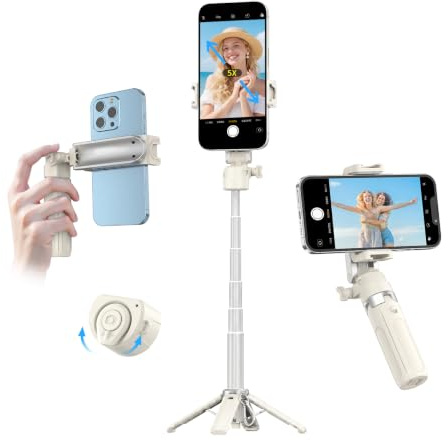 Handy Stativ Selfie Stick mit Zoom-Fernbedienung: Mini Stativ für iPhone mit 360° Rotation, Tragbarer Selfie Stick im Taschenformat für Vlog/Reisen/Fotografie. T26pro beige