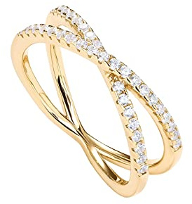 PAVOI 14K Gold Plated X Ring CZ Simulated Diamond Criss Cross Ring (7, Yellow)