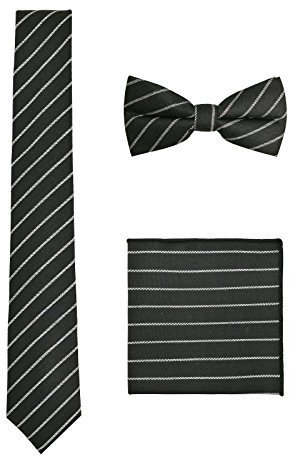 WANYING Herren Baumwolle 6cm Schmale Krawatte & Gebundene Fliege & Einstecktuch 3 in 1 Sets Trendmode Casual - Gestreift Weiß Schwarz