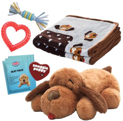 Original Snuggle Puppy Essentials Starter Kit. Heartbeat Dog Toy and Calming Aid with 3 Heat Packs, Puppy Teething Toy, Dog Chew Toy and Dog Blanket. (Blue)