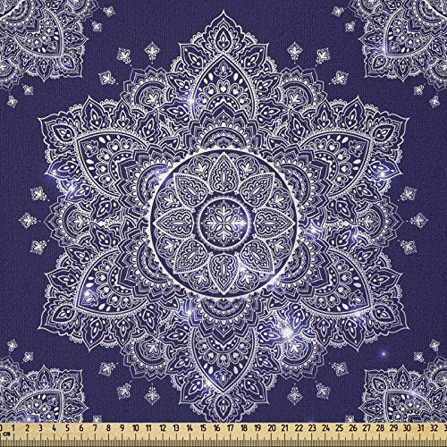 ABAKUHAUS Ethnisch Stoff als Meterware, Floral Round Retro Ornament, Microfaser Stoff für Dekoratives Basteln, 1M (230x100cm), Lavendelblau Indigo