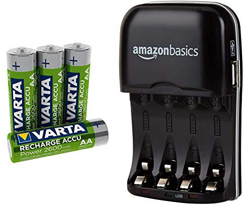 Varta Accu prêt à l'emploi - Batterie Rechargeable Mignon AA Ni-Mh (4-Pack, 2600 mAh) & Amazon Basics Chargeur de Piles Ni-MH AA et AAA avec Port USB