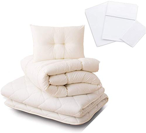 EMOOR Japanische Faltbarer Futon Matratze für Tatami CLASSE mit Baumwolle Spannbetttuch, 100 x 200 cm (Weiß), Hergestellt in Japan, Bodenmatratze Baumwolle