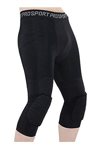 Rayauto 3/4 Capri Compression Training Pants with Honeycomb Knee Pad,Basketball Protector Gear for Adult Youth (Black,L)