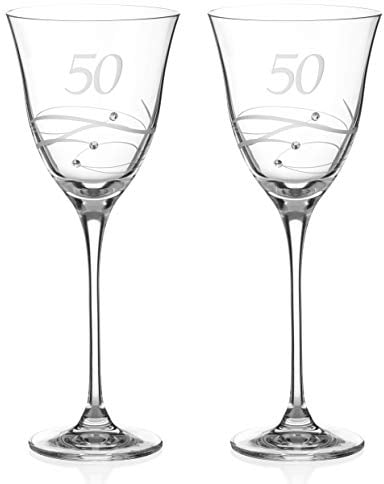 DIAMANTE Swarovski 50th Birthday or Anniversary Wine Glasses – Pair of Crystal Wine Glasses with Hand Etched “50” with Swarovski Crystals