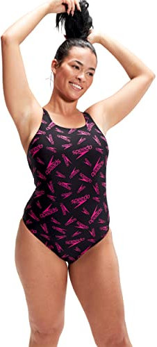 Speedo Donna Boom Logo Allover Medalist Costume Intero, Nero(Nero/Fucsia), 28