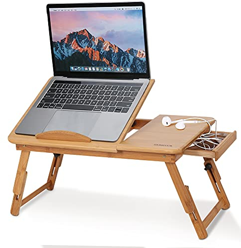 Scrivania pieghevole per computer portatile, in bambù, regolabile, con vassoio per la colazione, vassoio da letto con cassetto deflettore, fori di raffreddamento, altezza e angolo regolabili