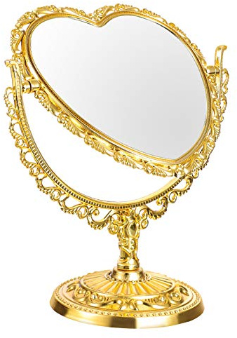 FOMIYES 1 x doppelseitiger Make-up-Spiegel aus Kunststoff, Retro-Stil, Herzform, Make-up-Spiegel mit geprägter Hohlblume, für Kommode, Schminktisch, Badezimmer, Schlafzimmer (goldfarben)