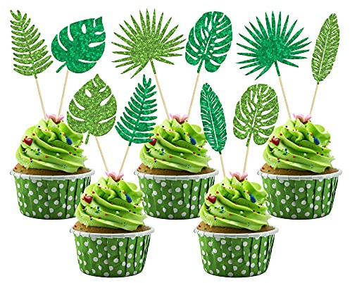 Gyufise 30 Pack Tropical Palm Leaves Cupcake Toppers Green Glitter Tropical Cake Decorations Hawaii Luau Cupcake Picks for Plant Leaf Summer Tropical Theme Birthday Party Cake Decorations Supplies