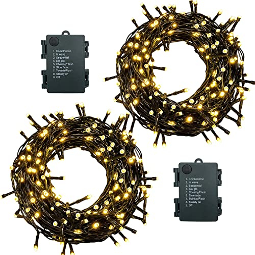 Meision Lichterkette Batterie Timer, LED Lichterkette mit Batterie Innen Außen, Lichterkette Batteriebetrieben 8 Modi, ideal für Weihnachten Party Hochzeit Deko, 10m 100LEDs, Warmweiß, 2 Stücke