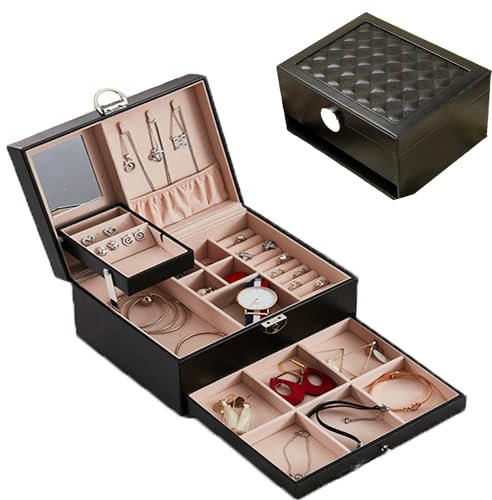 Schmuckkasten mit 2 Ebenen eine Schublade,Schmuckkiste mit Schlüssel Schwarz Jewellery Box für Ringe, Ohrringe, Halsketten und Uhren, Geschenk für Ihre Liebsten