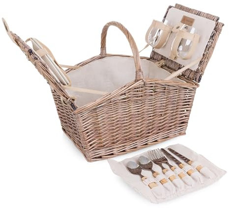 Picnic TIME Piccadilly Picnic Basket for 2, Romantic Vintage English-Style Wooden Basket, Complete Deluxe Service for Two with Fully-Lined Interior and Double-lid Design, (Natural Canvas)