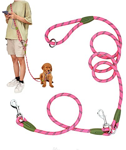 Laisse Mains Libres pour Chien pour la Course, la Marche, Double Laisse en bandoulière, 1,2 cm d'épaisseur, Nylon réfléchissant très résistant pour Chiens de Petite, Moyenne et Grande Taille (Rose)