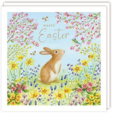 Tracks Publishing Female Pack of 5 Easter Greeting Cards for Women/Girls - Spring Flowers & Rabbit with Gold Foil - Eco-Friendly and Recyclable - Made in the UK