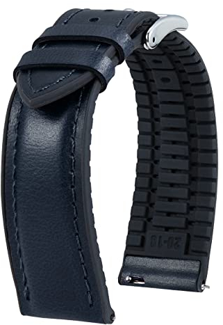 BINLUN Bracelet Montre en Cuir 22mm 21mm 20mm 19mm 18mm 16mm 14mm Cuir Ciré à l'huile et Silicone Hybrid Bracelets de Montre à Dégagement Rapide pour Homme Femme(22mm,Bleu Boucle Argent)