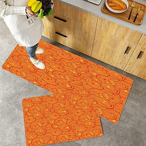 Küchenteppich Teppich Läufer Küchenläufer 2 Stück rutschfest,Burnt Orange, Kreismuster in Trendfarben auf Retro Gepunktetem Hintergrund Dekorativ, Oran, Waschbar für Flur Küche 40 x 100 cm+40 x 60 cm