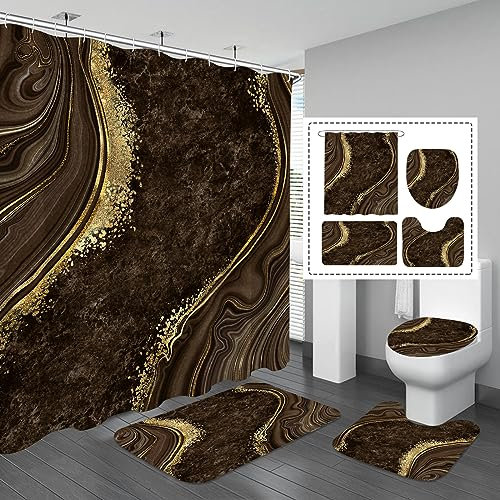 Gibelle 4 Pcs Luxury Marble Shower Curtain Set with Non-Slip Rugs, Toilet Lid Cover and Bath Mat, Gold Foil Brown Bathroom Decor Set with Shower Curtain and Rugs and Accessories