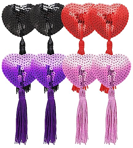 Cache-Tétons Adhésifs, Housse de Mamelon Autocollante avec Franges Réutilisable Femmes Sexy Sequin Frange Coeur sous-Vêtements Femmes Buste Crème Mamelon Franges (Noir Rouge Poudre Violet)