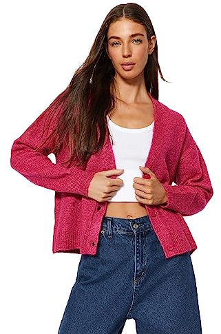 Trendyol Regular fit Basic V Neck Knitwear Cardigan Chemise, Fuchsia, S Femme