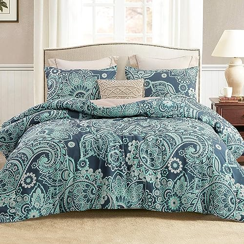 Whale Flotilla Bettdecke in 220x230 cm, Atmungsaktive und Superweiche Steppdecke Schlafdecke für 4-Jahreszeiten mit 2 Kissenbezügen, Grün Paisley
