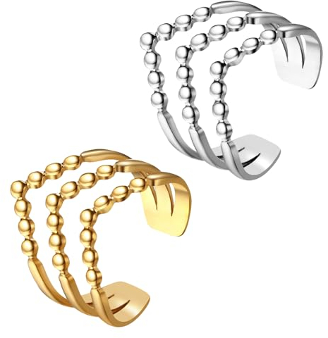 JewelryWe Ring Damen V-Form Edelstahl: 2pcs Elegant Damen-Ring Dreischichtig V Form Stapelbare Offene Ringe Band Verstellbare Statement Ringe für Frau Mädchen Gold Silber