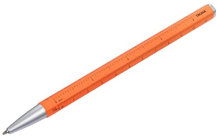 TROIKA Multitasking-Kugelschreiber mit schwarzer D1 Mine – CONSTRUCTION BASIC – Zentimeter-/Zoll-Lineal, 1:20/1:50 Skala – einfacher Minenwechsel – Aluminium, Metall – neonorange, silberfarben