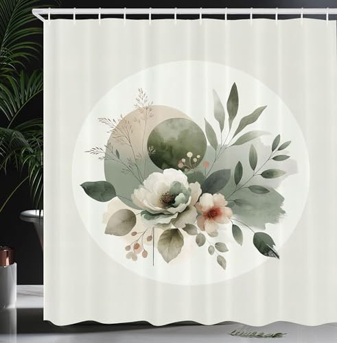 ABAKUHAUS Monstera Duschvorhang, Minimalistische Aquarell Blumenarrangement in zarten neutralen Tönen, Stoffliches Gewebe mit Haken, 175 x 200 cm, Blasses Salbeigrün Kokosnuss