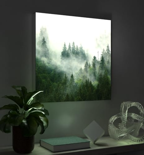 MyMaxxi - Pixlip Poster Nebliger Wald Wandbild Design Wand Dekoration, Baum Nebel grün Leuchtrahmen - Wald, 120x84 cm, Rahmen: Leuchtrahmen inkl. Druck