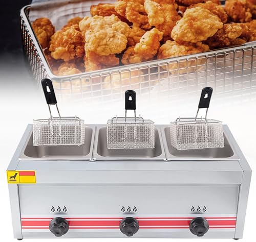 ZIXIAOS Freidora a Gas Profesional - Freidora Comercial De Doble Tanque, 10l/20l/30l, Acero Inoxidable, Cesta Extraíble, para Restaurante Y Cocina Casera,C10L+10L+10L