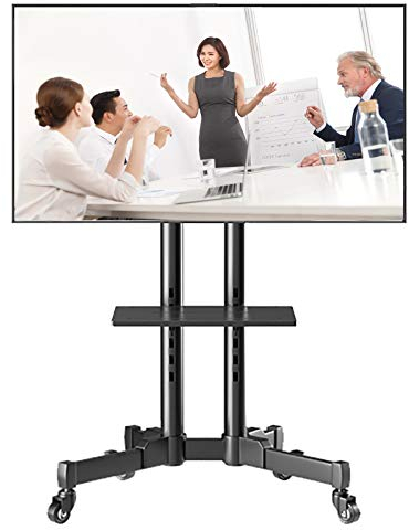 TV-Ständer, schwarzer, neigbarer TV-Rollwagen für 32-70-Zoll-LCD-LED-Fernseher, universeller, schwenkbarer mobiler TV-Bodenständer mit Rädern und AV-Regal, schöne Landschaft für Wohnzimmer/Firma