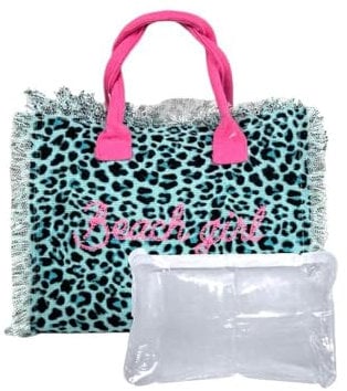 Borsetta Mare New Leopard Maculato a Manico Corto con Zip 100% Cotone 30x24x14cm Handbag Spiaggia (Azzurro)