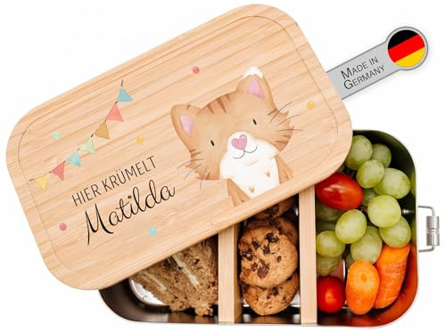 wunderwunsch Brotdose personalisiert mit Namen, Edelstahl Lunchbox | Kindergarten Brotzeitbox für Kinder mit Fächern, Metallbrotdose BPA frei, gravierte Kinder Holz Lunch-Box, Mädchen oder Junge